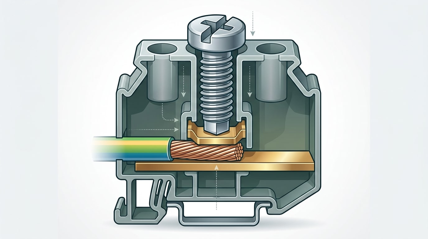 Screw terminal block internal mechanism showing screw clamping conductor against saddle plate