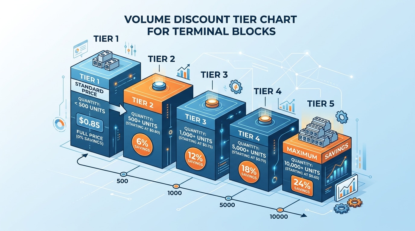 Wholesale terminal block volume discount tiers showing price breakpoints for bulk orders from 500 to 10000+ units
