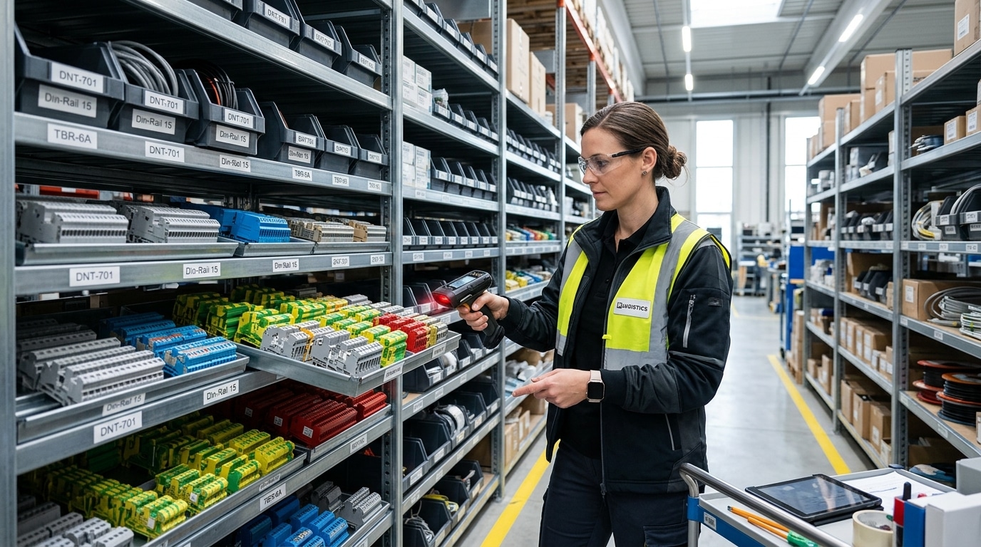 Bulk wholesale terminal blocks organized on warehouse shelves for fast order fulfillment