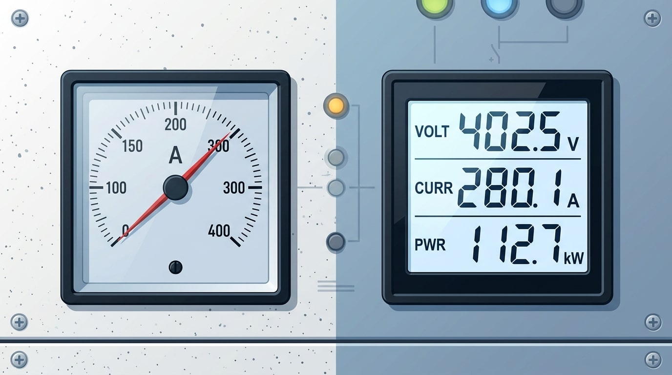 digital panel meter vs analog meter comparison on industrial control cabinet