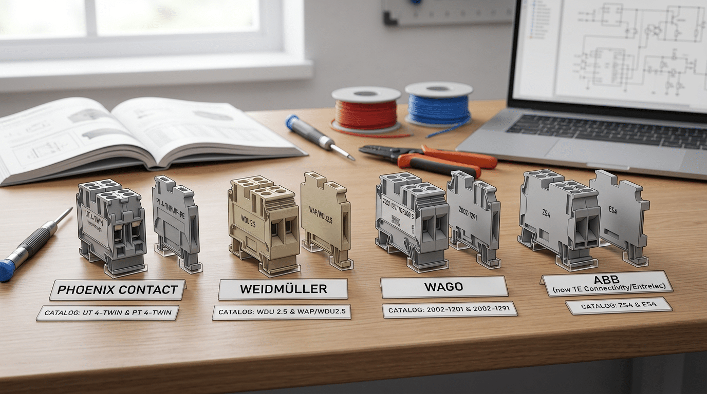 End plate compatibility comparison across Phoenix Contact, Weidmüller, WAGO, and ABB terminal block series
