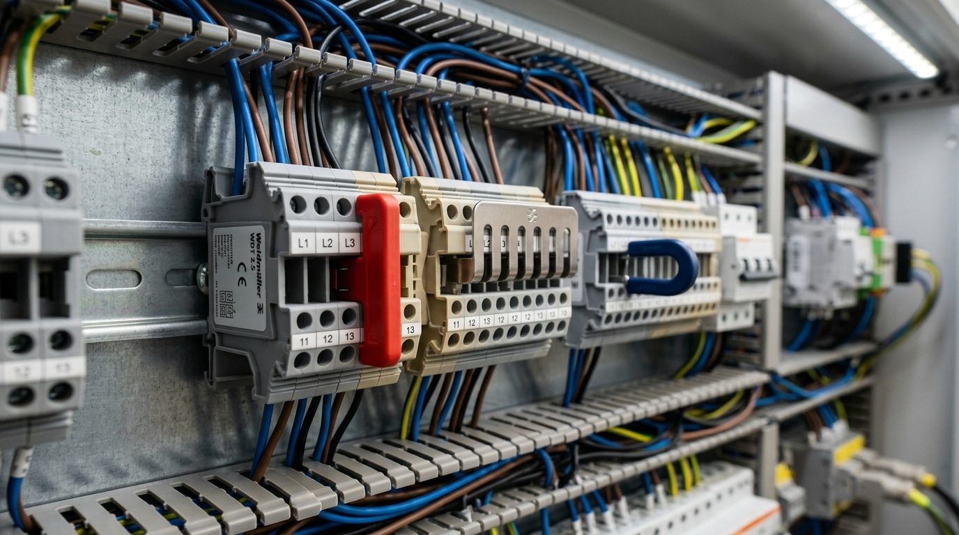 Terminal block jumpers and bridges including plug-in jumper comb bridge and insulated shorting link on DIN rail
