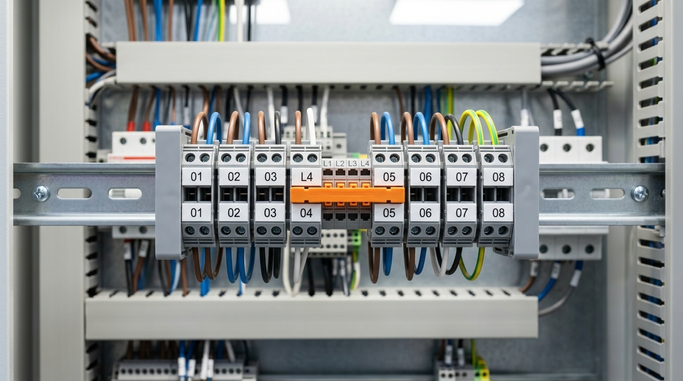Terminal block accessories including end plates, jumpers, and markers installed on a DIN rail in an industrial control panel