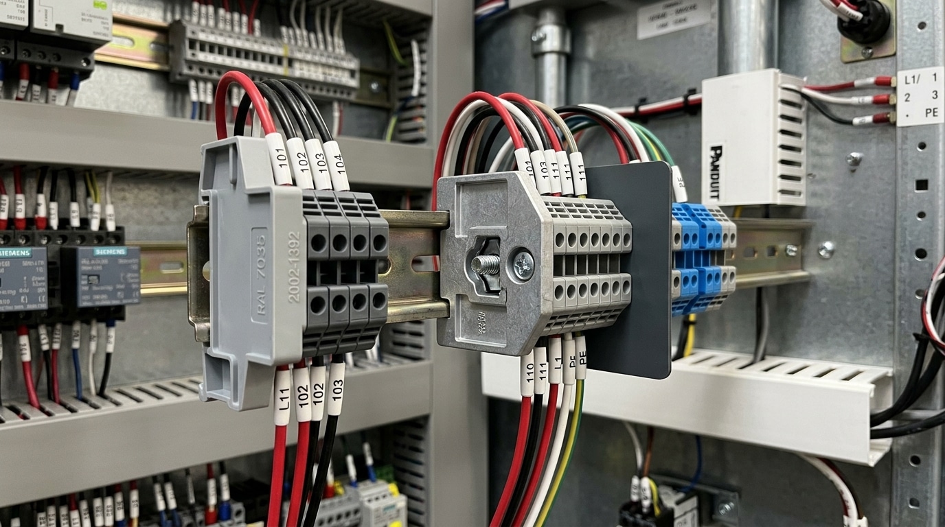 Terminal block end plates installed on DIN rail showing snap-on, screw-mount, and partition plate types