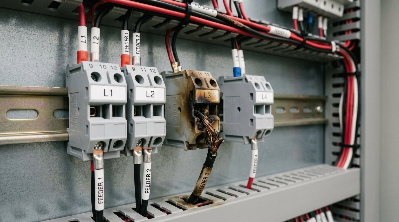 Visual inspection of terminal block connections showing heat discoloration and backed-out conductor during maintenance checklist walkthrough