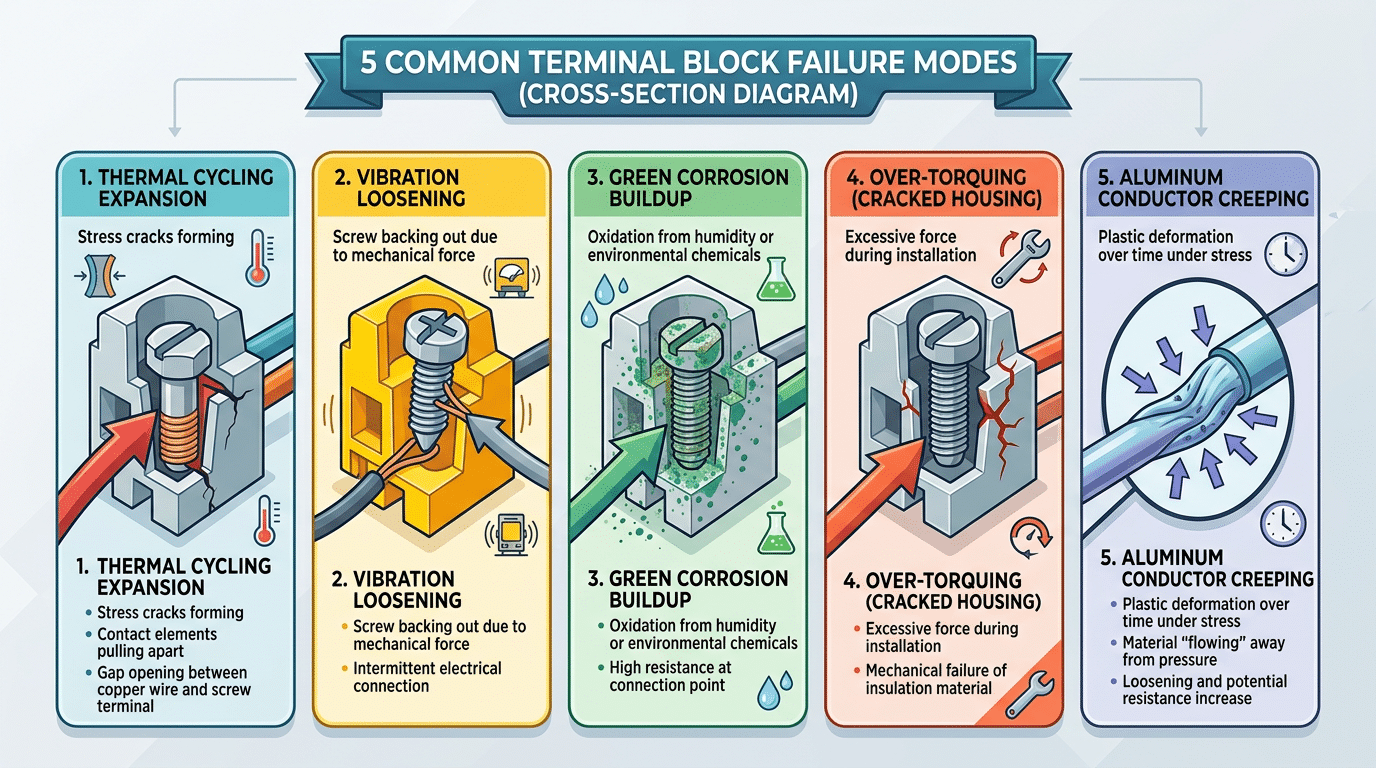 terminal block failure modes including thermal cycling corrosion vibration over-torquing and conductor creep