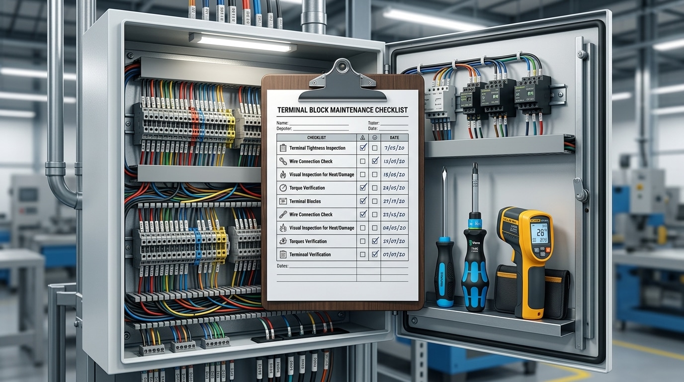 Terminal block maintenance checklist on clipboard next to electrical panel inspection tools