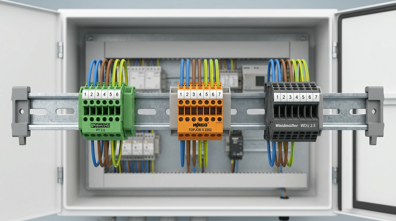 Phoenix Contact Wago Weidmuller terminal block price comparison on DIN rail in control panel