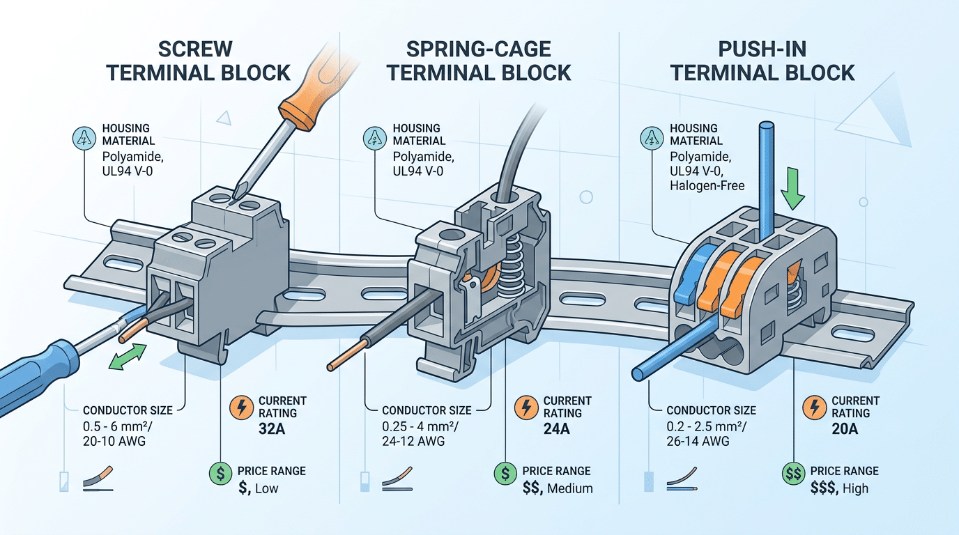 Terminal block price comparison by connection type, current rating, and housing material for 2026 pricing guide