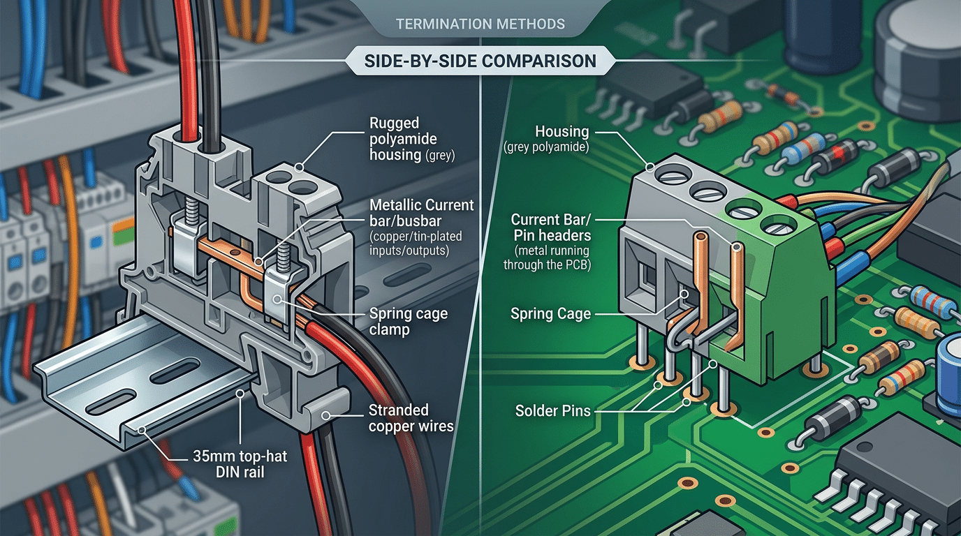 DIN rail terminal block vs PCB terminal block price comparison showing component differences