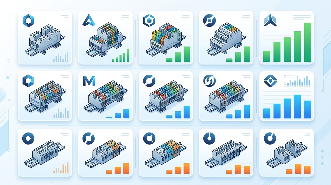 Terminal block price list 2026 brand comparison infographic showing Phoenix Contact, Wago, Weidmuller, ABB, Schneider, Siemens, Elmex, Connectwell, Degson, Dinkle, IDEC, Morsettitalia, Conta-Clip, Leipole, and CUI Devices with price ranges