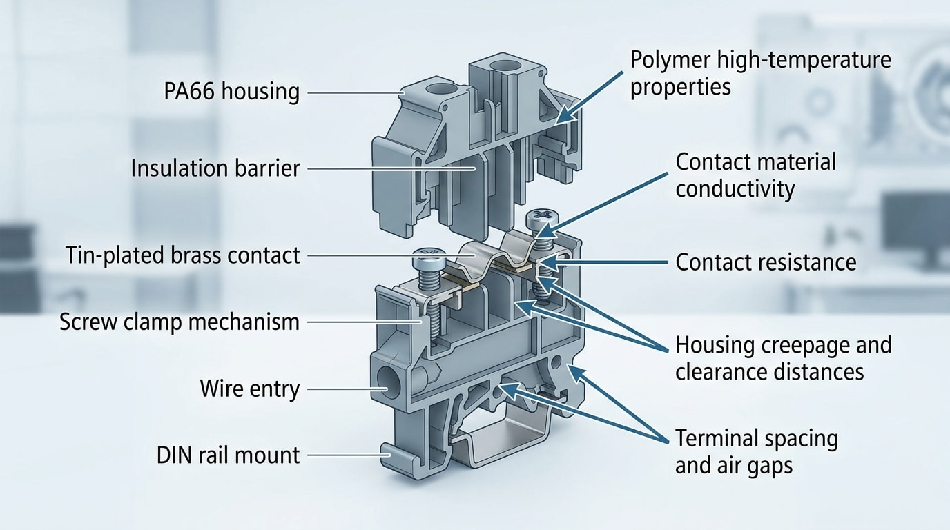 Diagram showing factors that determine terminal block temperature rating including housing material and contact plating