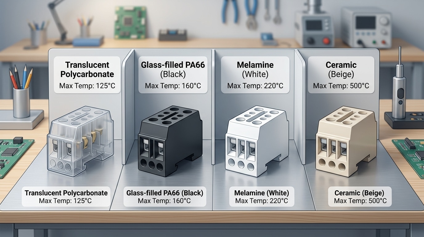 Terminal block housing materials compared by temperature rating including PA66 polycarbonate PBT ceramic and melamine