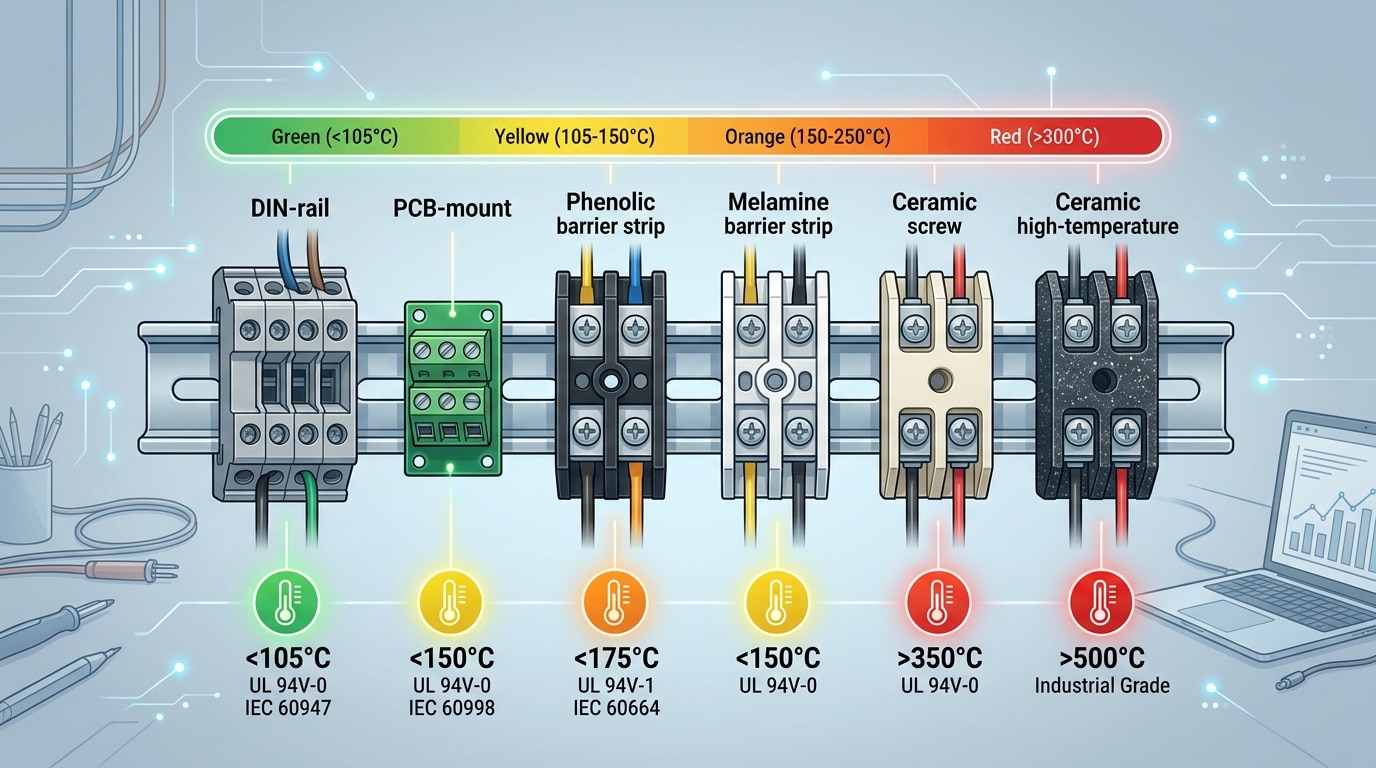 Terminal block temperature rating chart comparing DIN-rail PCB-mount barrier and ceramic blocks under UL and IEC standards