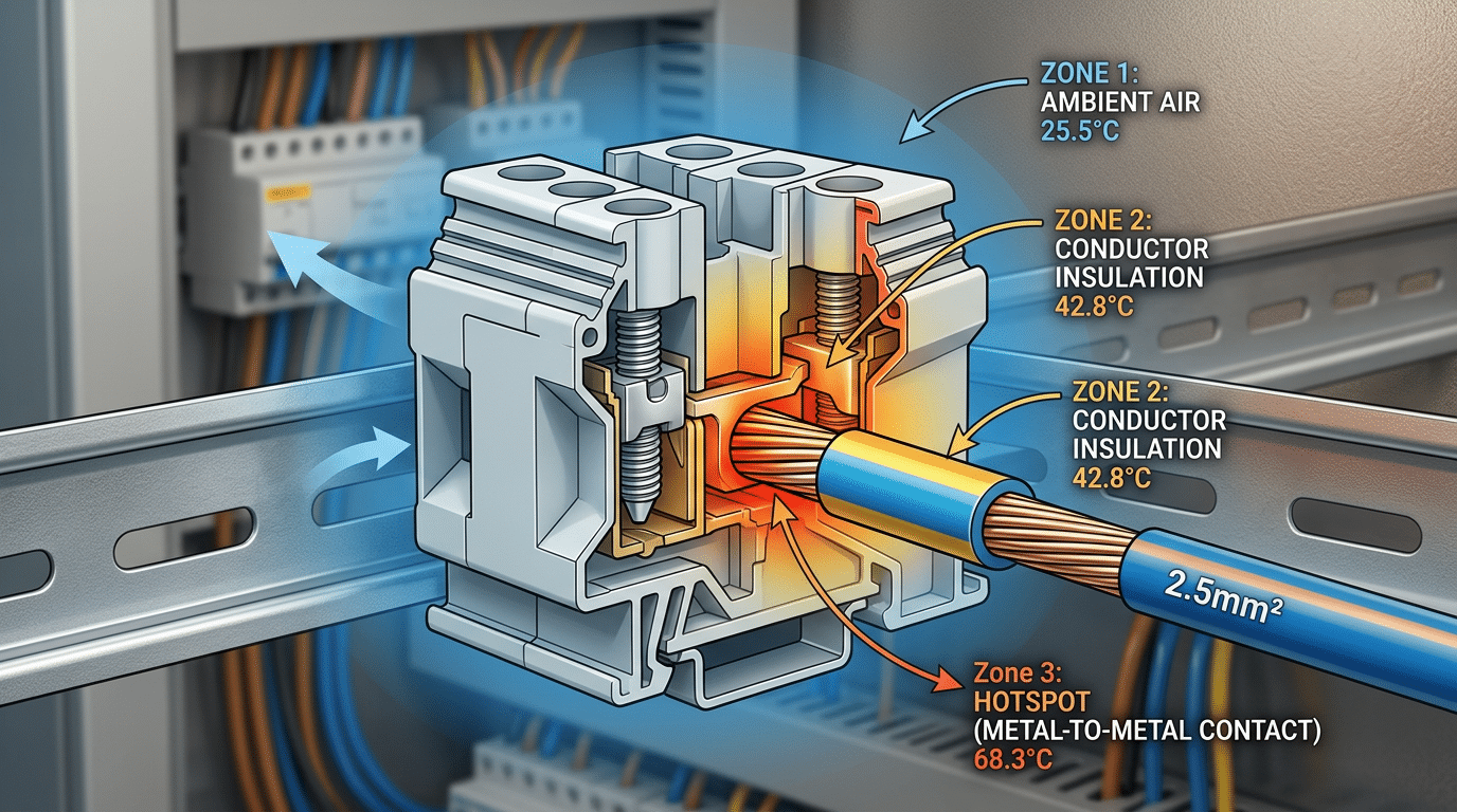 Terminal block temperature rating zones showing ambient, conductor, and contact hotspot temperatures