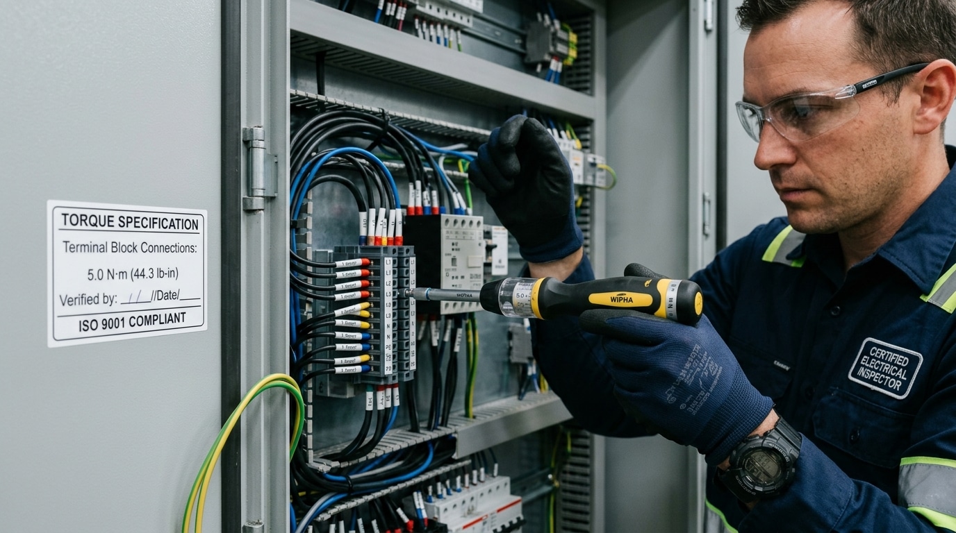 Inspector verifying terminal block torque specifications with calibrated torque screwdriver in control panel