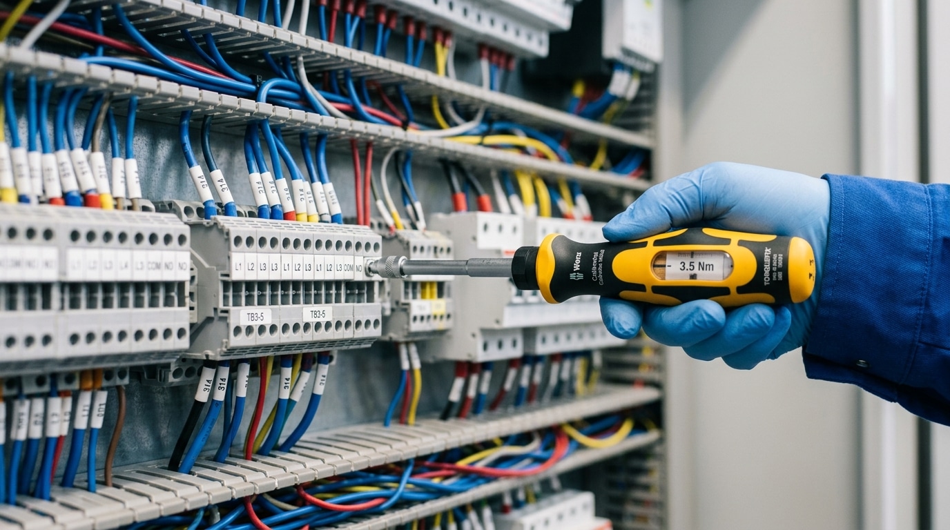 Calibrated torque screwdriver tightening a terminal block to proper torque specifications in an electrical panel