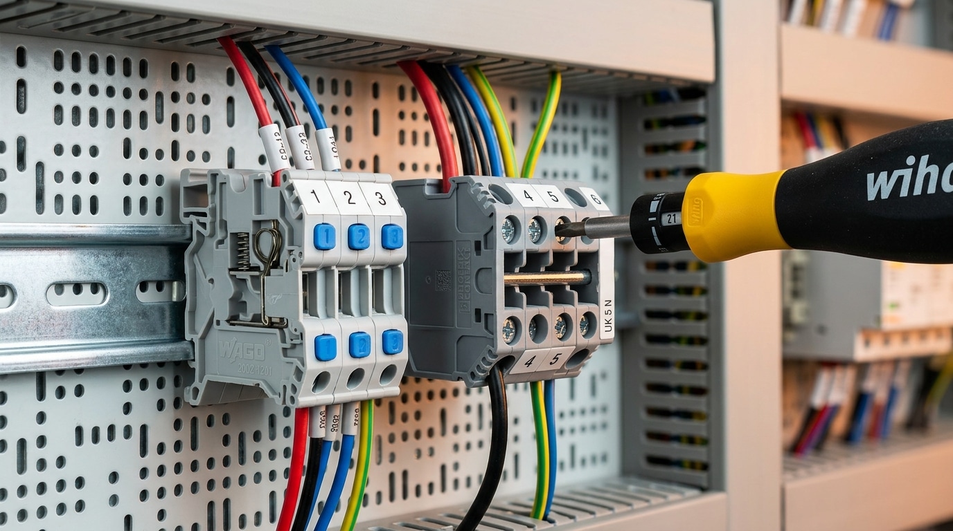 Terminal block torque specifications comparison between Wago spring-clamp and Phoenix Contact screw-clamp models on DIN rail