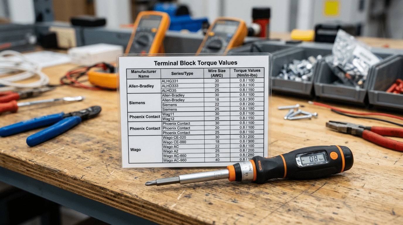 Terminal block torque specifications reference table by manufacturer with torque screwdriver