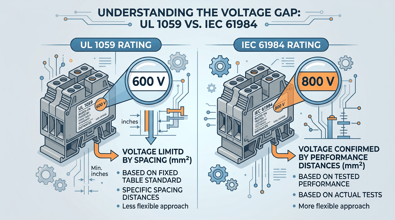 UL vs IEC terminal block voltage rating comparison showing dual ratings on the same component
