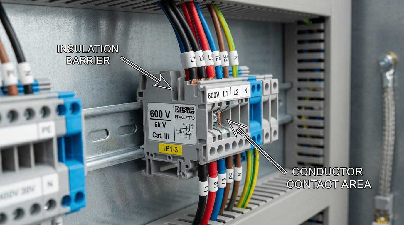 Terminal block voltage rating label on DIN rail terminal block showing 600V rated voltage