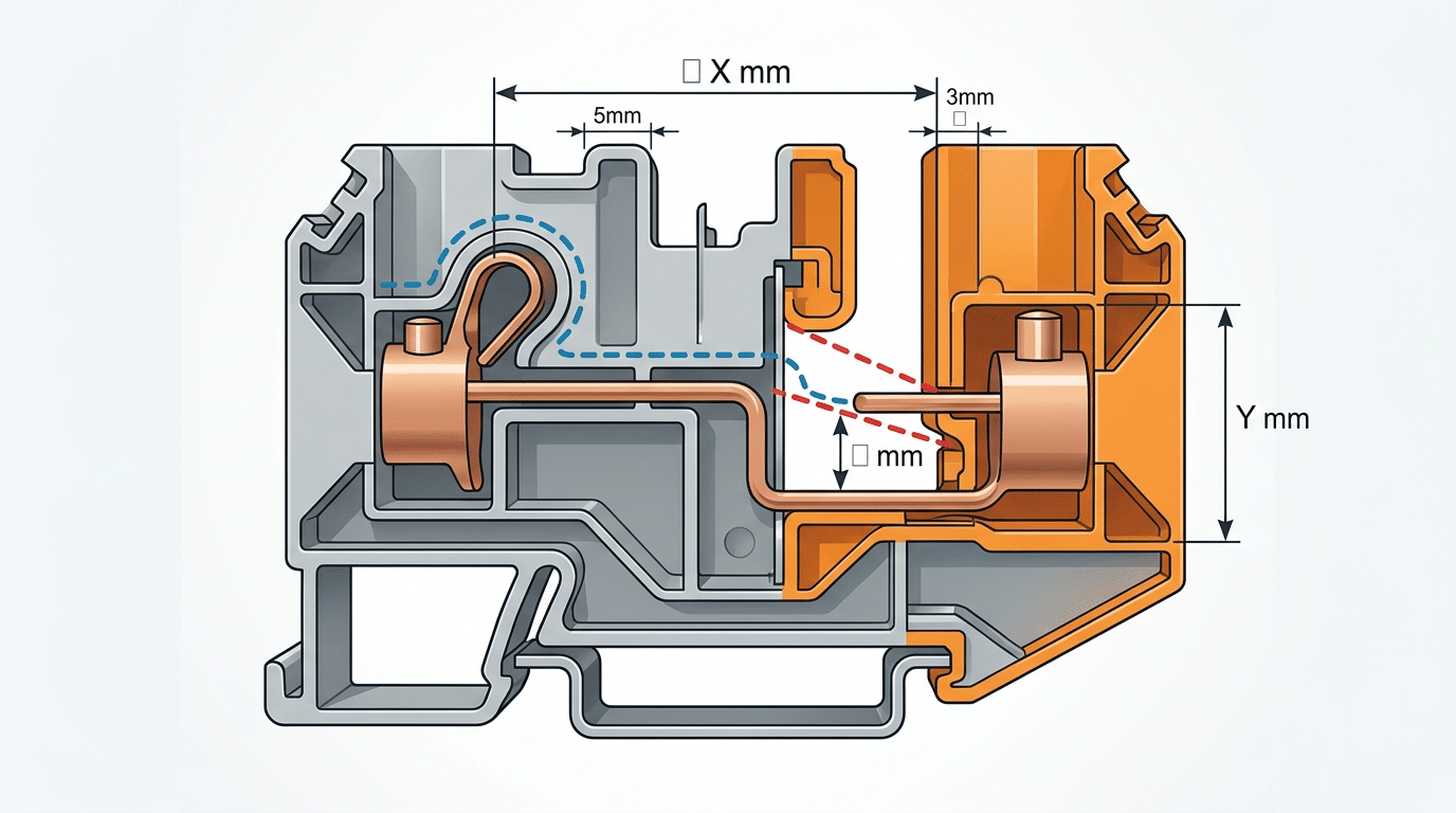 Creepage and clearance distance diagram explaining terminal block voltage rating limits