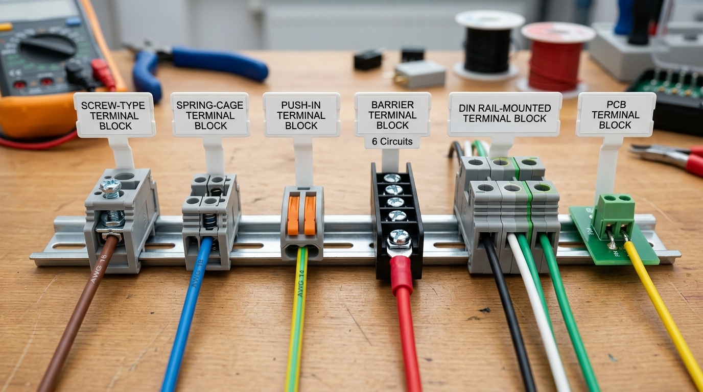 Six common terminal block types used in a terminal block wiring guide showing screw spring-cage push-in barrier DIN rail and PCB variants