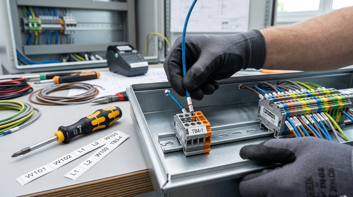 Step-by-step terminal block wiring process showing ferrule insertion into spring-cage terminal