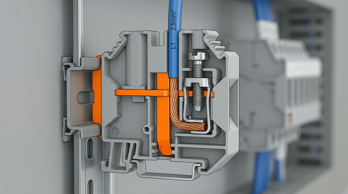 Terminal block cutaway showing clamping mechanism and insulated housing on DIN rail