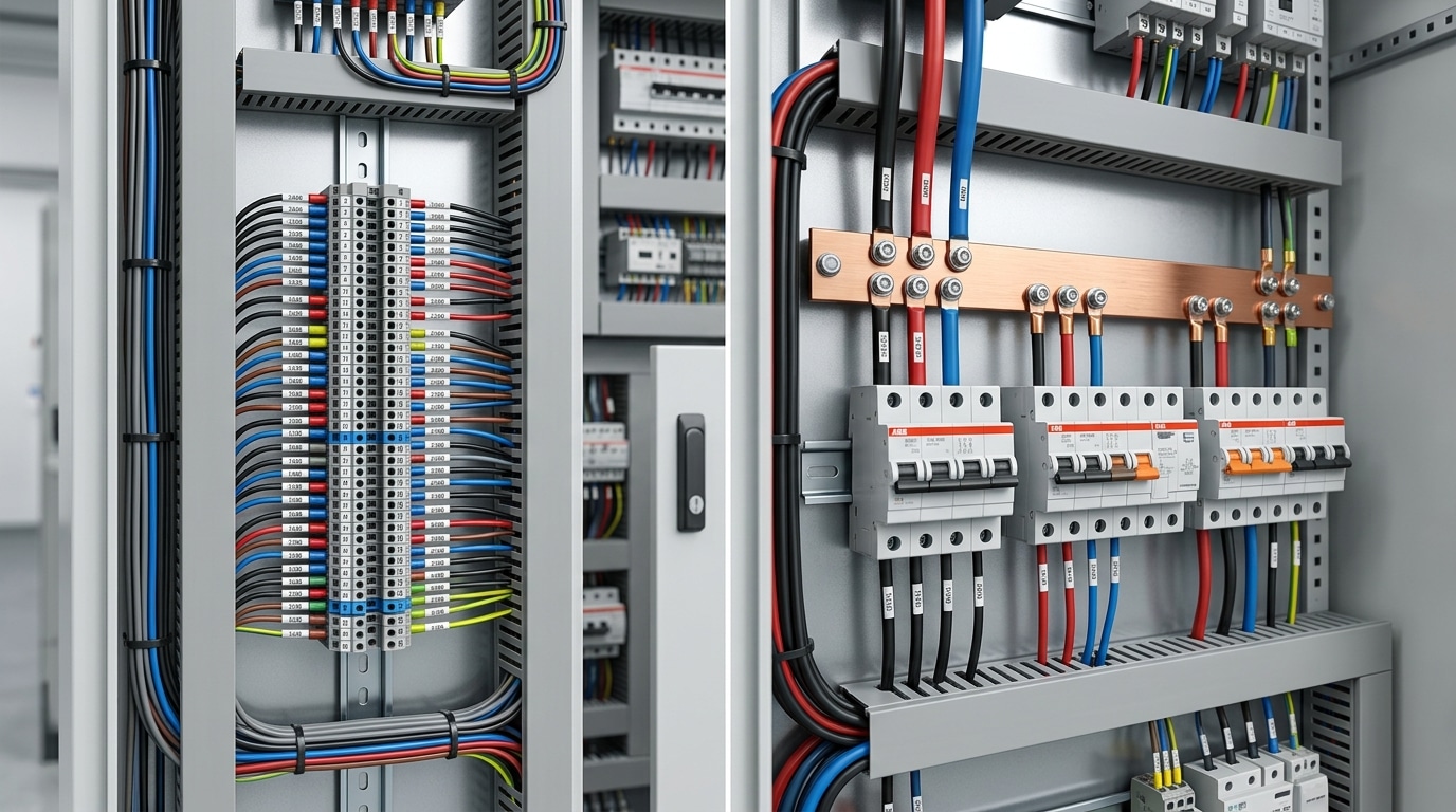terminal block vs bus bar difference shown side by side in an electrical panel