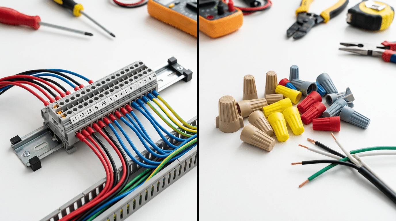 Terminal block vs wire nut side-by-side comparison on workbench