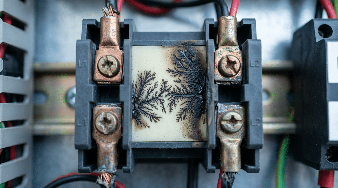 Carbon tracking patterns on terminal block surface during electrical failure analysis