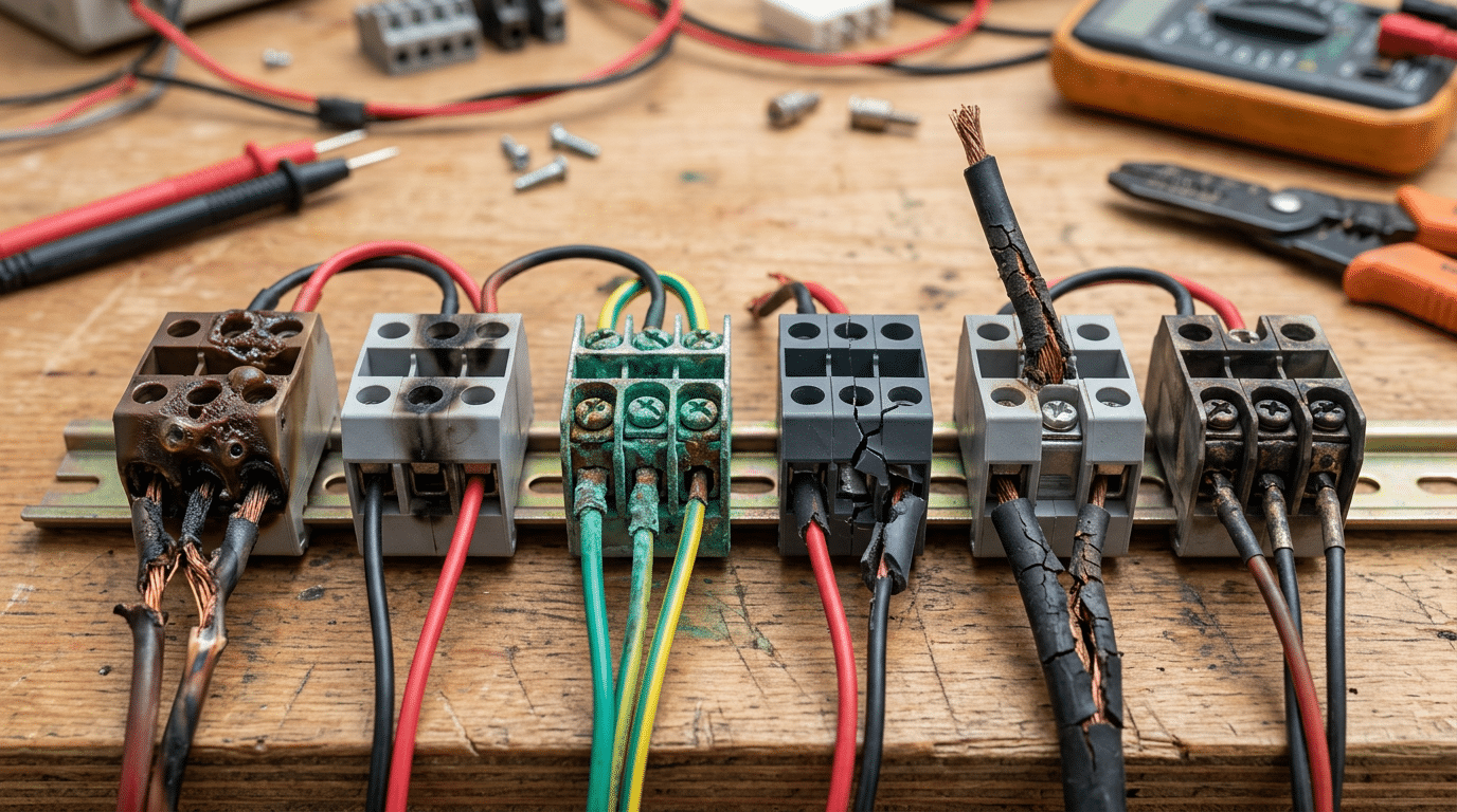 Six common terminal block failure modes including melting arcing corrosion cracking insulation breakdown and contact resistance