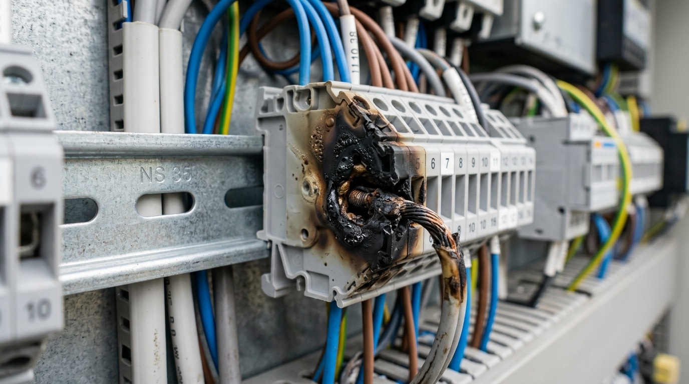 Thermal damage on terminal block showing discoloration and melting from connection resistance heating during failure analysis