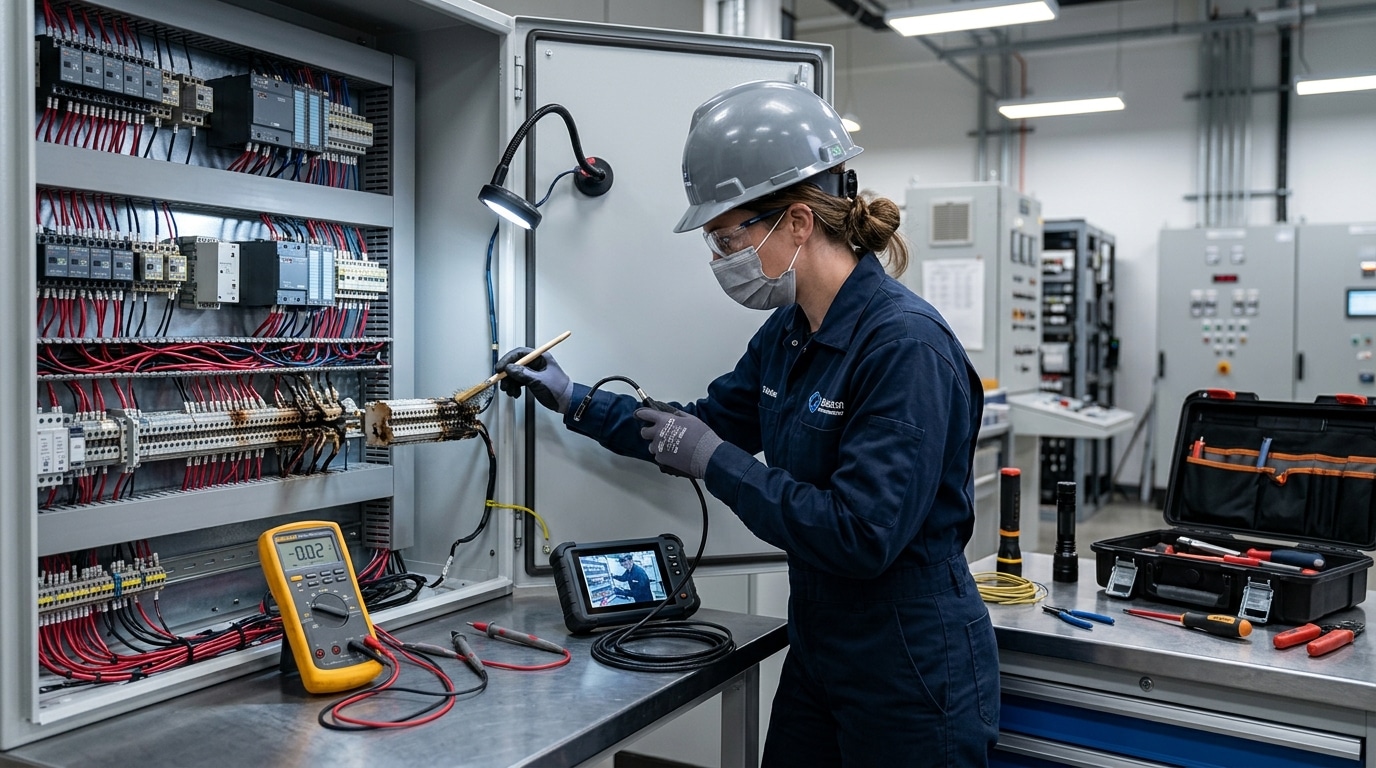 Terminal block failure analysis process showing technician inspecting damaged terminal block in control panel