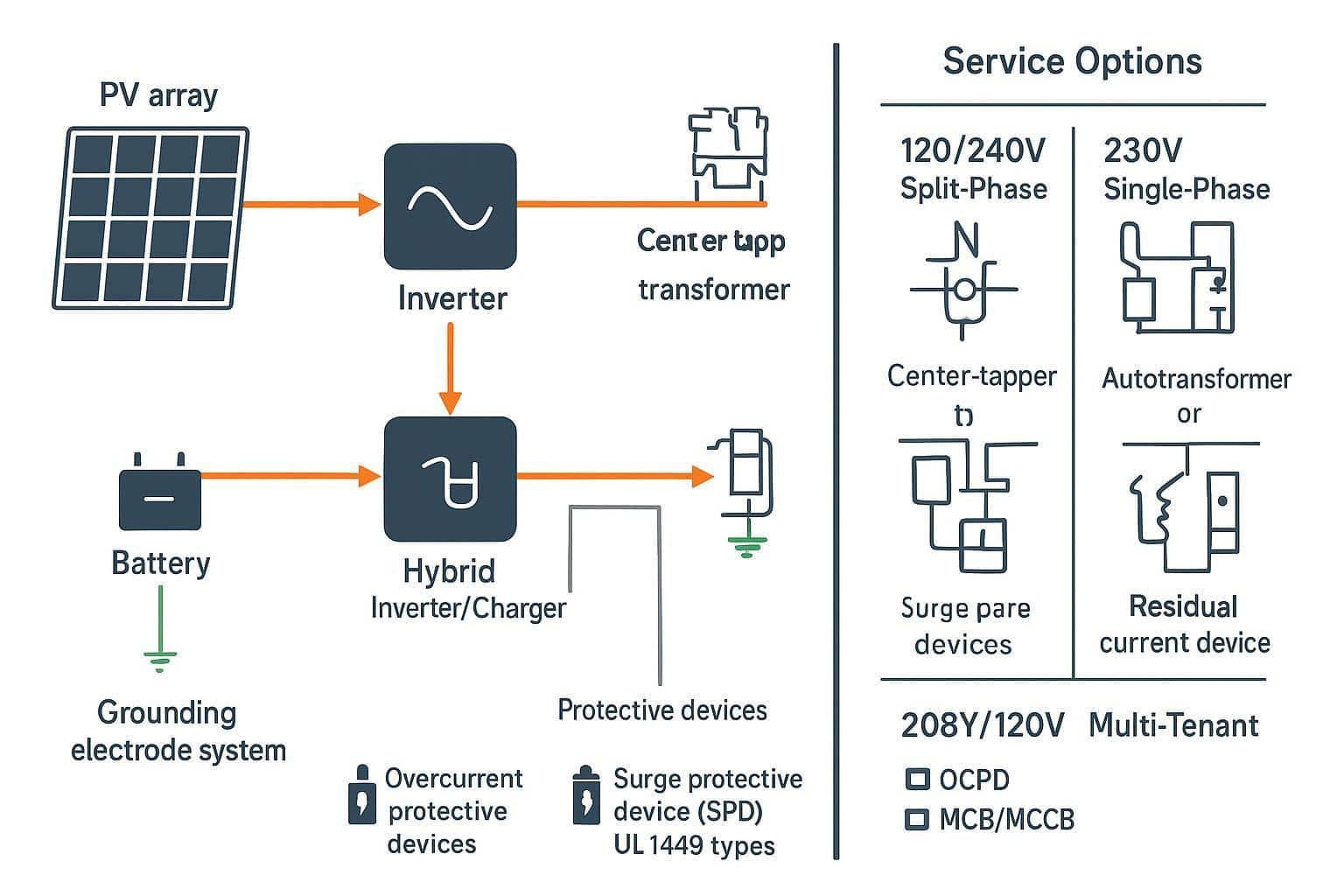 BOS diagram of inverter outputs to 120/240V split-phase and 230V single-phase with OCPD, SPD, RCD/GFCI, and grounding elements labeled.