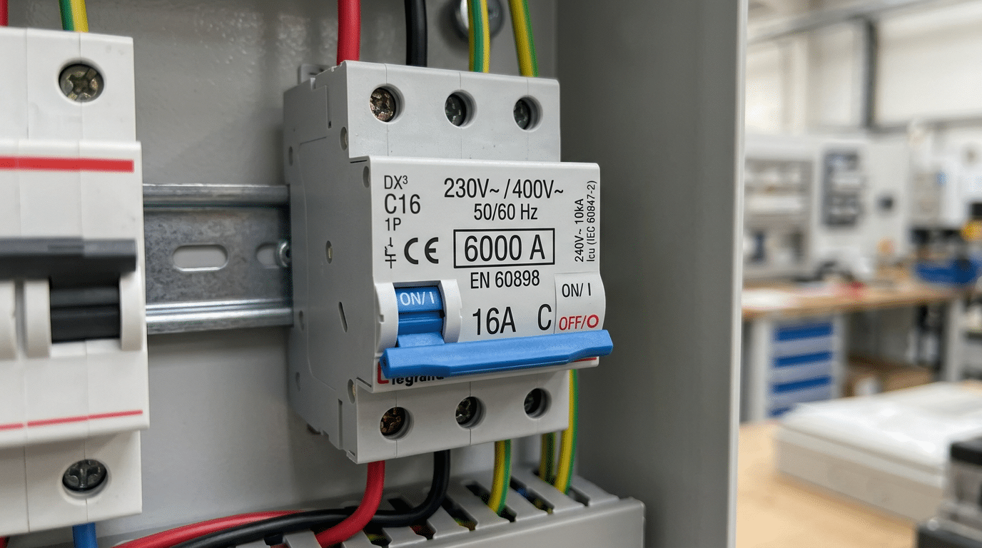 Circuit breaker label showing short circuit rating in kA alongside voltage and ampere ratings