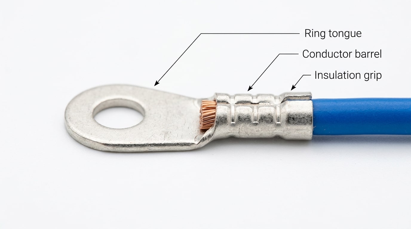 Labeled diagram of a cold press terminal showing conductor barrel, insulation grip, and contact tongue