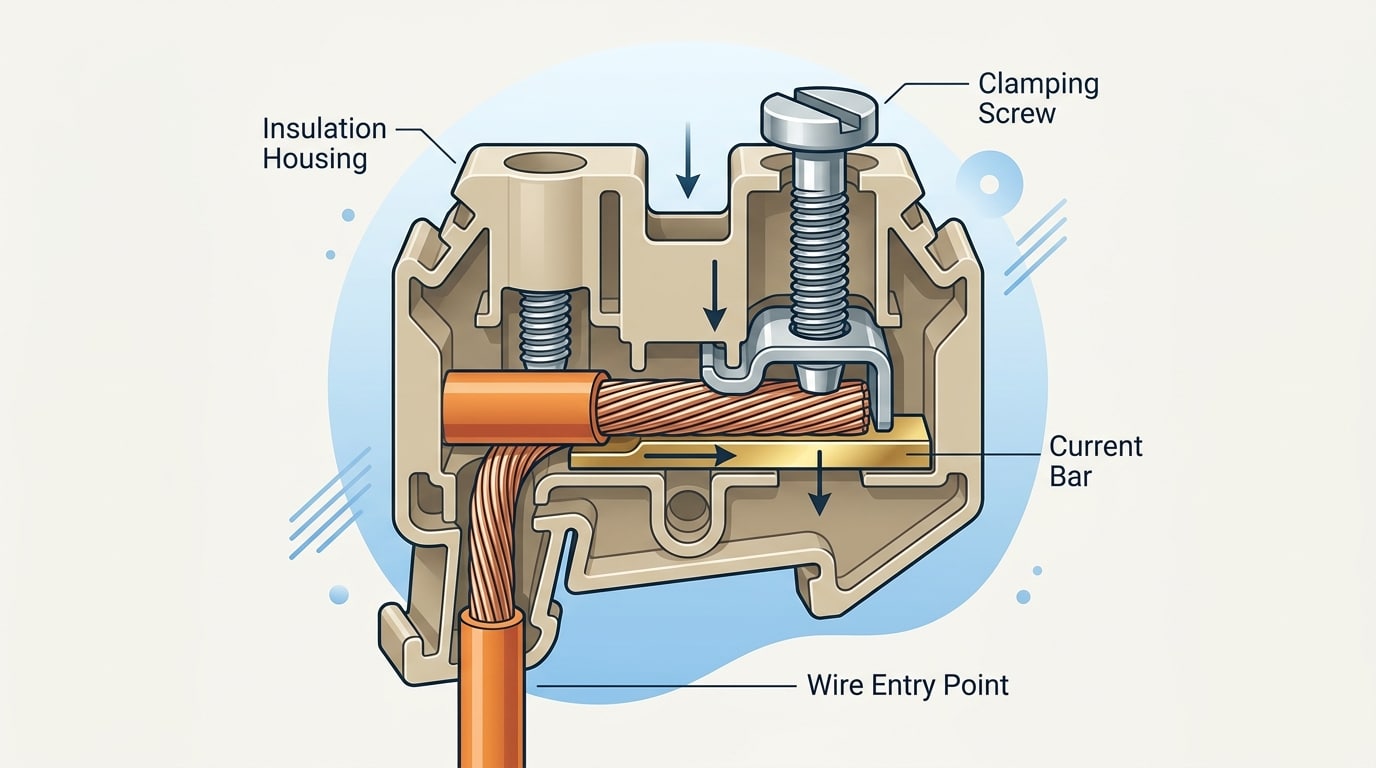 How a terminal block works — cross-section showing wire clamped against bus bar