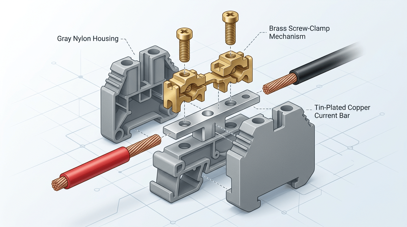 Terminal block anatomy showing housing, screw clamp, and current bar that explains what a terminal block is and how it works