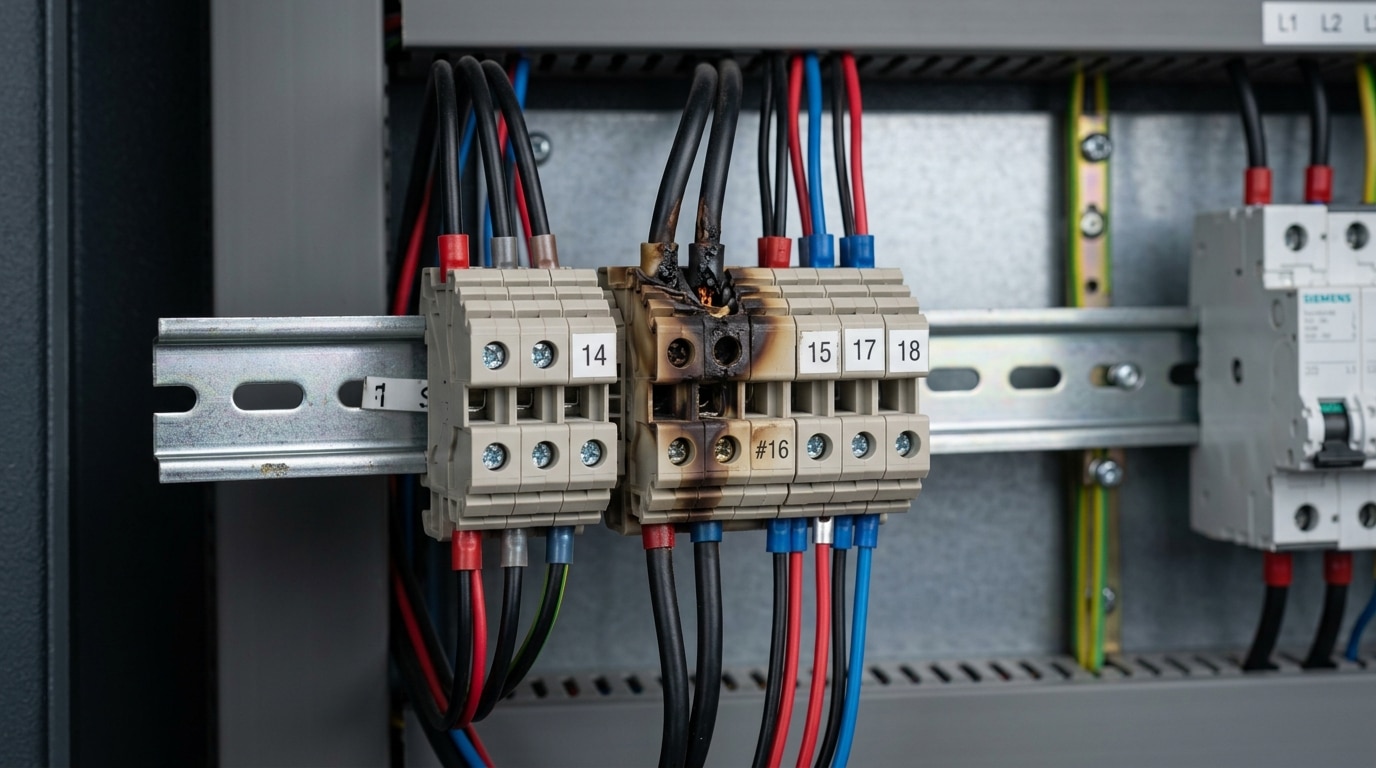 Discolored and warped terminal block housing showing when to replace terminal blocks in control panel