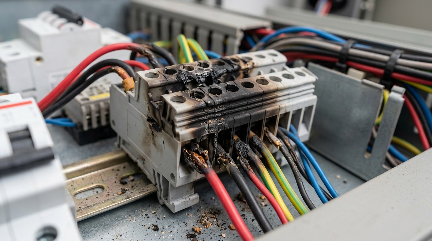 Damaged terminal block in control panel showing carbon tracking and heat degradation indicating when to replace terminal blocks