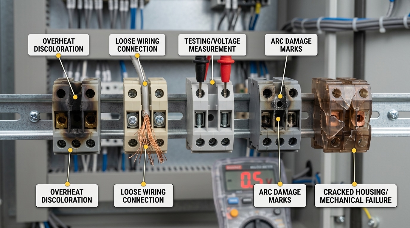 Five signs showing when to replace terminal blocks in a control panel including discoloration, arcing, and cracking