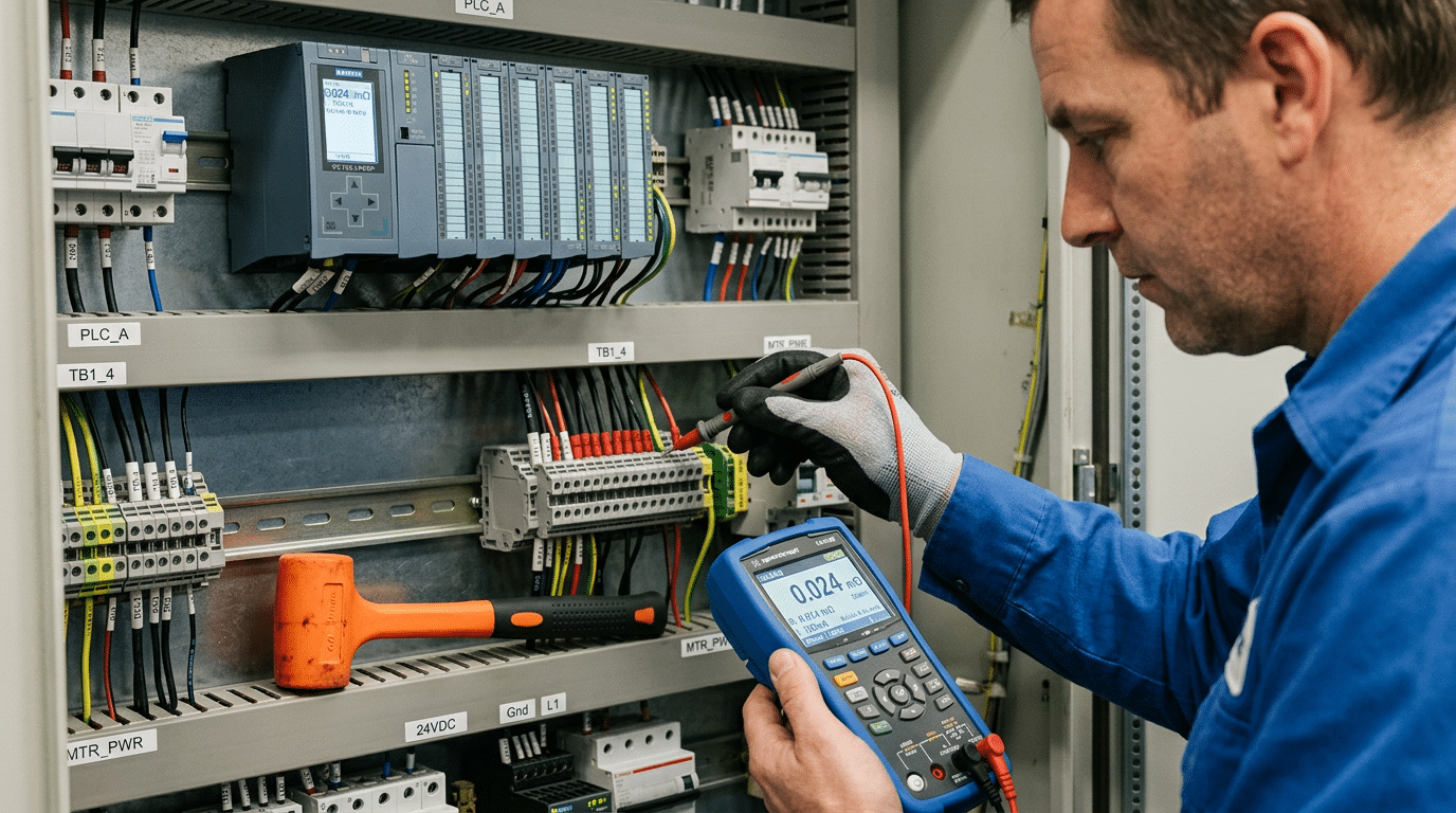 Testing intermittent terminal block connections with milliohm meter in control panel to determine when to replace terminal blocks