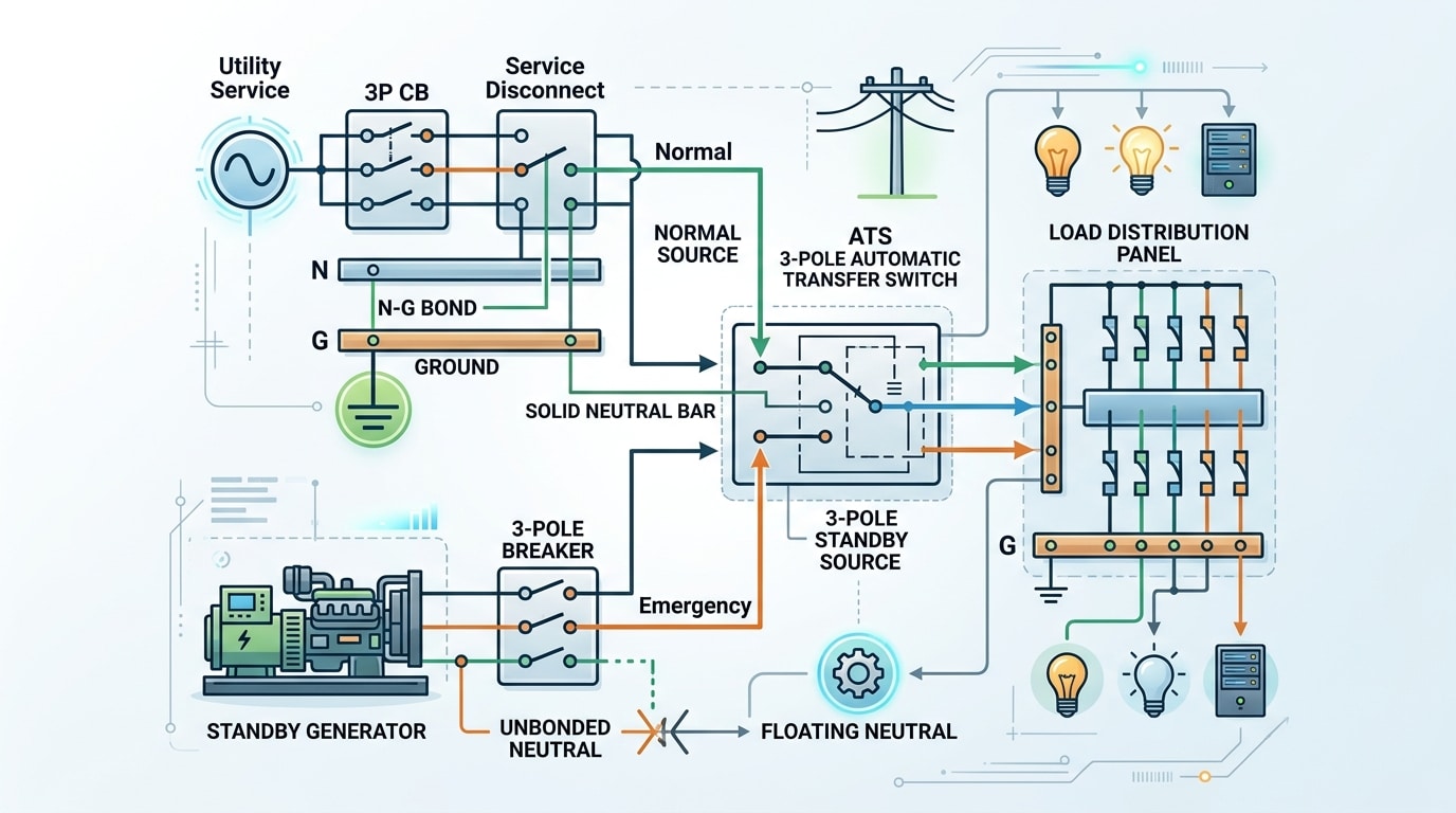 3-pole ATS solid neutral one-line diagram showing single-point grounding in a non-separately derived system