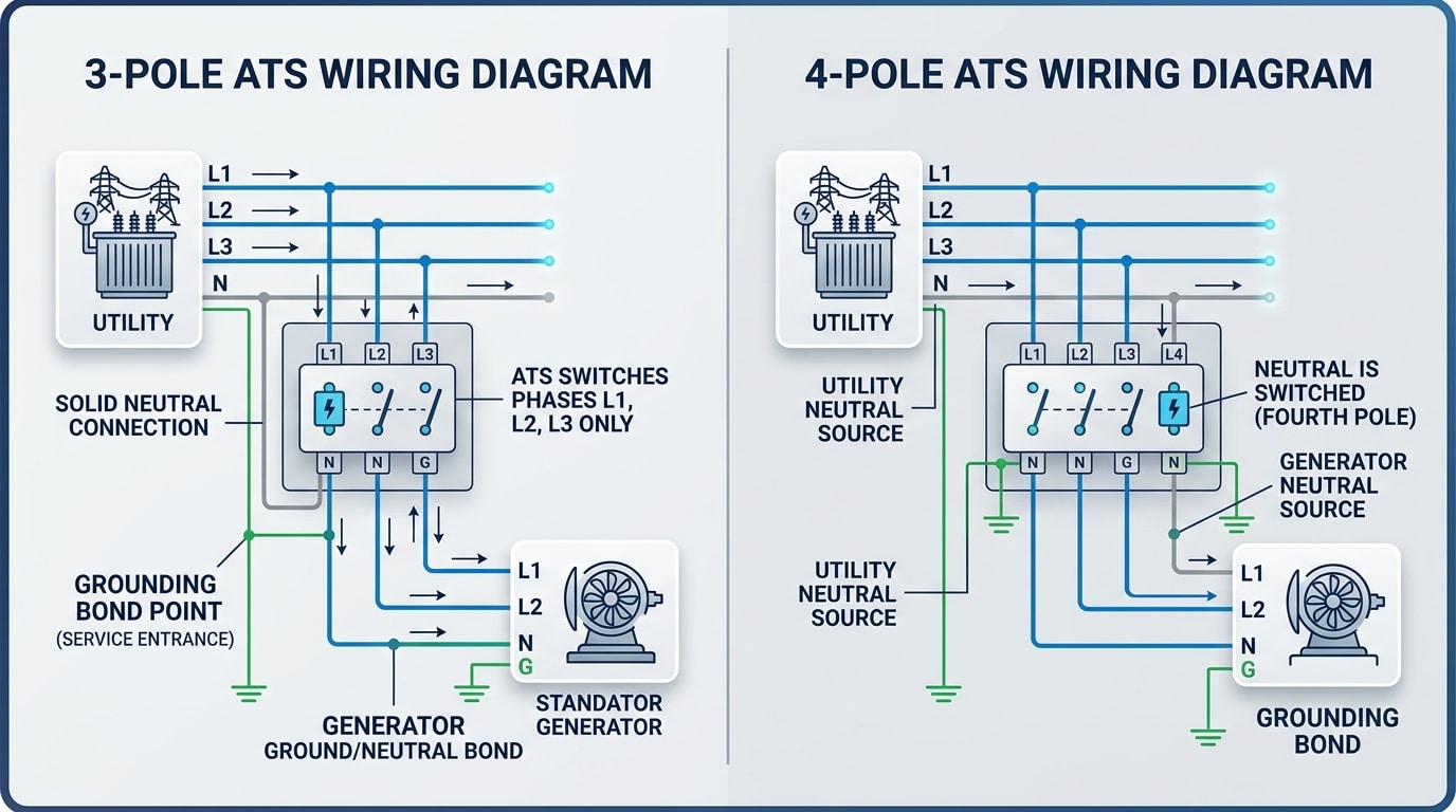 4 pole vs 3 pole ATS wiring diagram comparison showing neutral switching and grounding