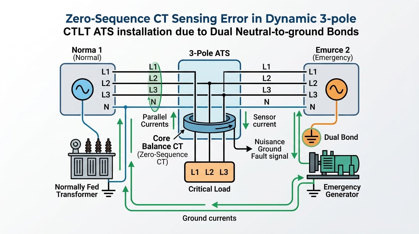 4 pole vs 3 pole ATS ground fault protection NEC 230.95 neutral bonding diagram