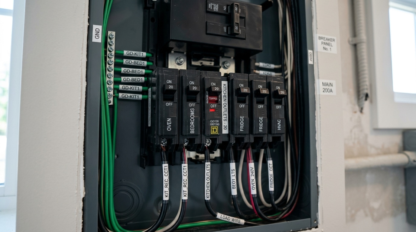 Residential circuit breaker panel showing one breaker tripped to the middle position with no load connected