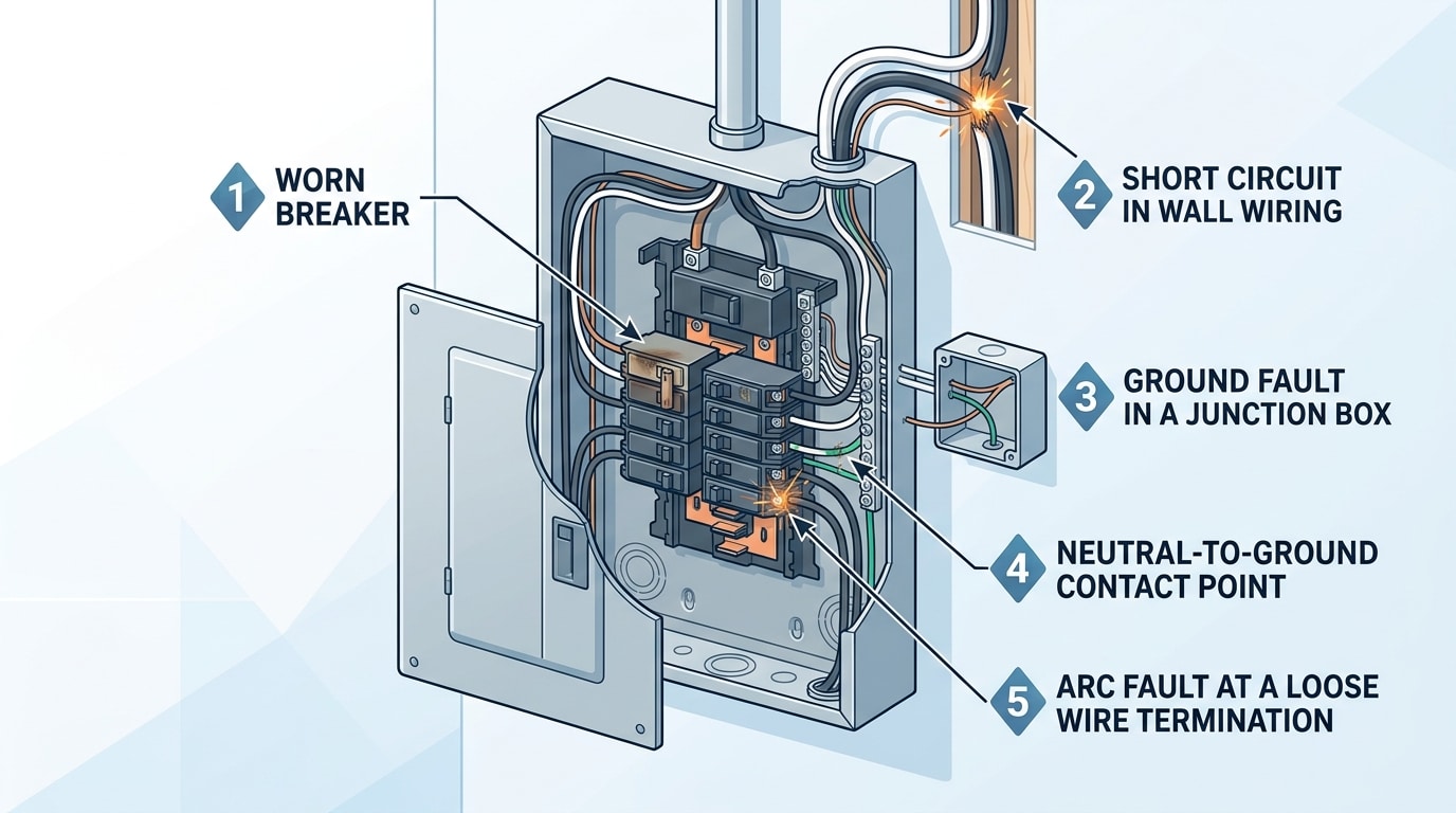 Diagram showing five common causes of circuit breaker tripping without load connected inside a residential electrical panel and wall wiring