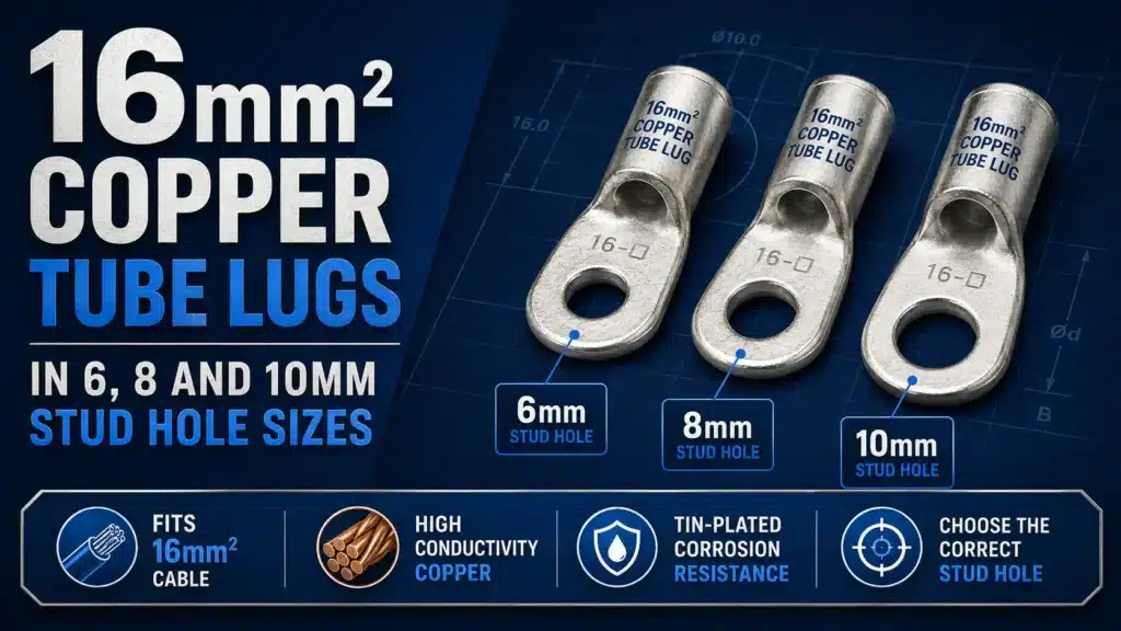 16mm² Copper Tube Lugs in 6, 8 and 10mm Stud Hole Sizes